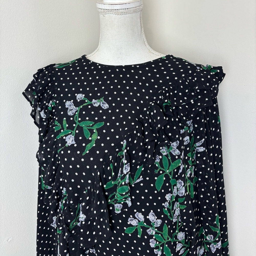 Ganni Rometty Georgette Polka Dot Floral Midi Dress Long Sleeve Black Size U.S 6 - Picture 3 of 16